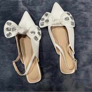 Chic White Slingback Flats with Bow and Gem Details